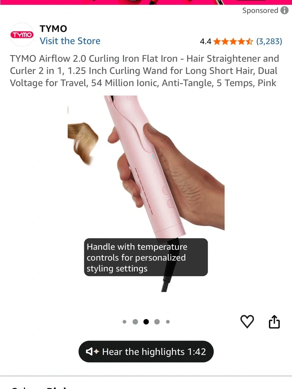 TYMO Airflow 2.0 Pink 2-in-1 Curling Iron & Flat Iron